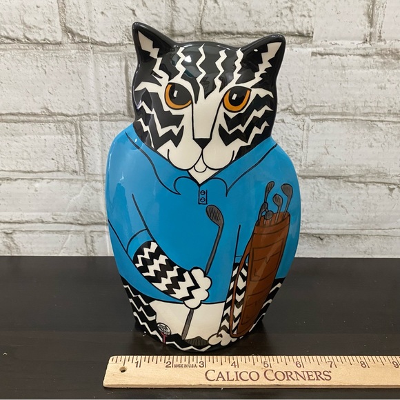 CATS by Nina Lyman Blue Ceramic Cat Golfer 9.5” Planter Vase - Picture 7 of 15